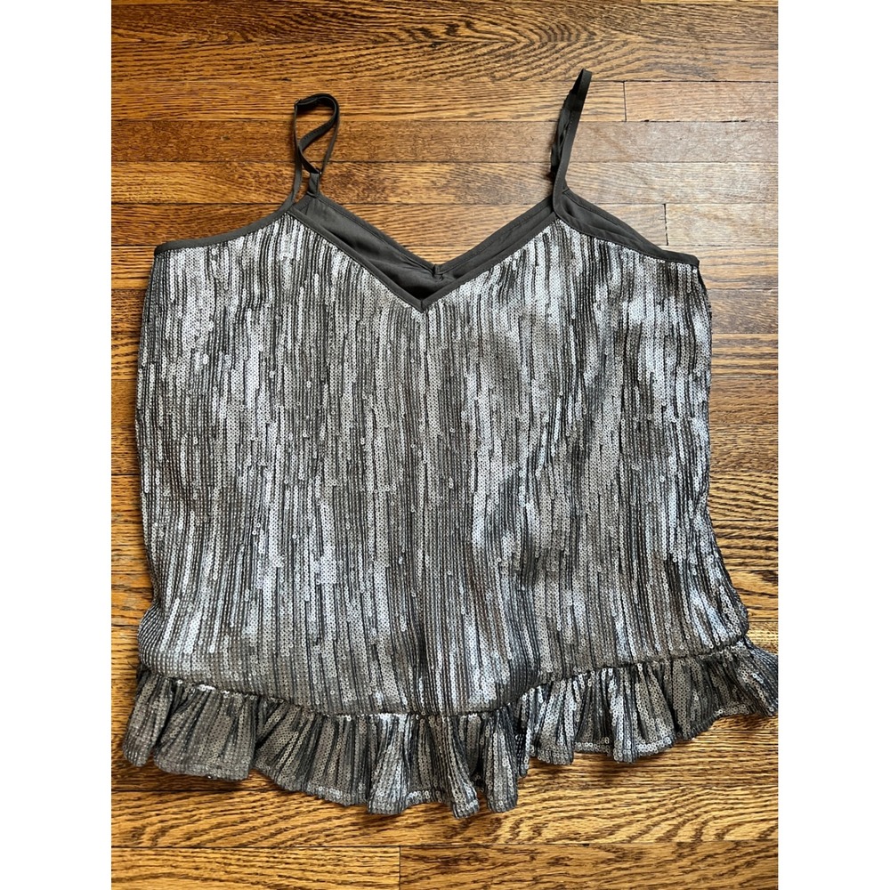Anthropologie Silver Sequin Ruffle Hem Camisole Top V-Neck Adjustable Strap Sz 6 - Picture 2 of 8